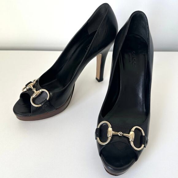 Gucci Classic Horsebit Black Leather Peep Toe Platform Heel Pumps Size 7 B - Picture 6 of 14